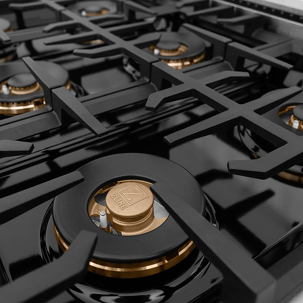 ZLINE Autograph Edition Classic 36-inch rangetop in satin stainless steel and champagne bronze accents PCRTSZ-36-CB, from above