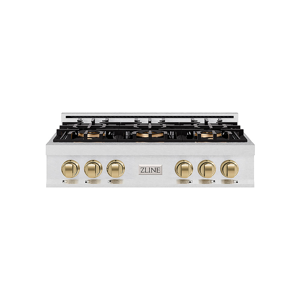ZLINE Autograph Edition Classic 36-inch rangetop in satin stainless steel and champagne bronze accents PCRTSZ-36-CB, front view