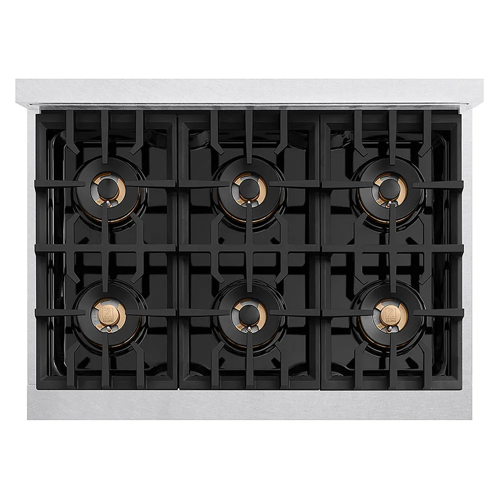 ZLINE Autograph Edition Classic 36-inch rangetop in satin stainless steel and champagne bronze accents PCRTSZ-36-CB, from above