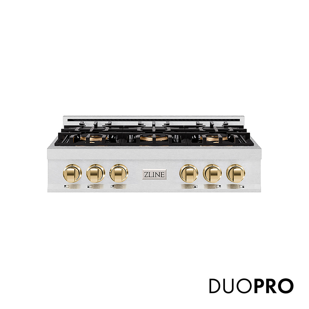 ZLINE Autograph Edition Classic 36-inch rangetop in satin stainless steel and polished gold accents PCRTSZ-36-G