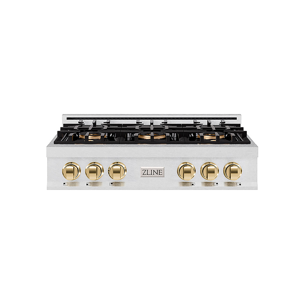 ZLINE Autograph Edition Classic 36-inch rangetop in satin stainless steel and polished gold accents PCRTSZ-36-G, front view
