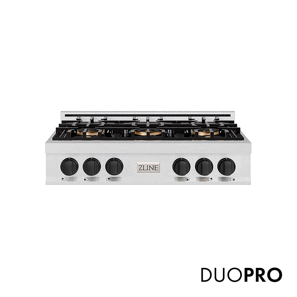 ZLINE Autograph Edition Classic 36-inch rangetop in satin stainless steel and matte black accents PCRTSZ-36-MB