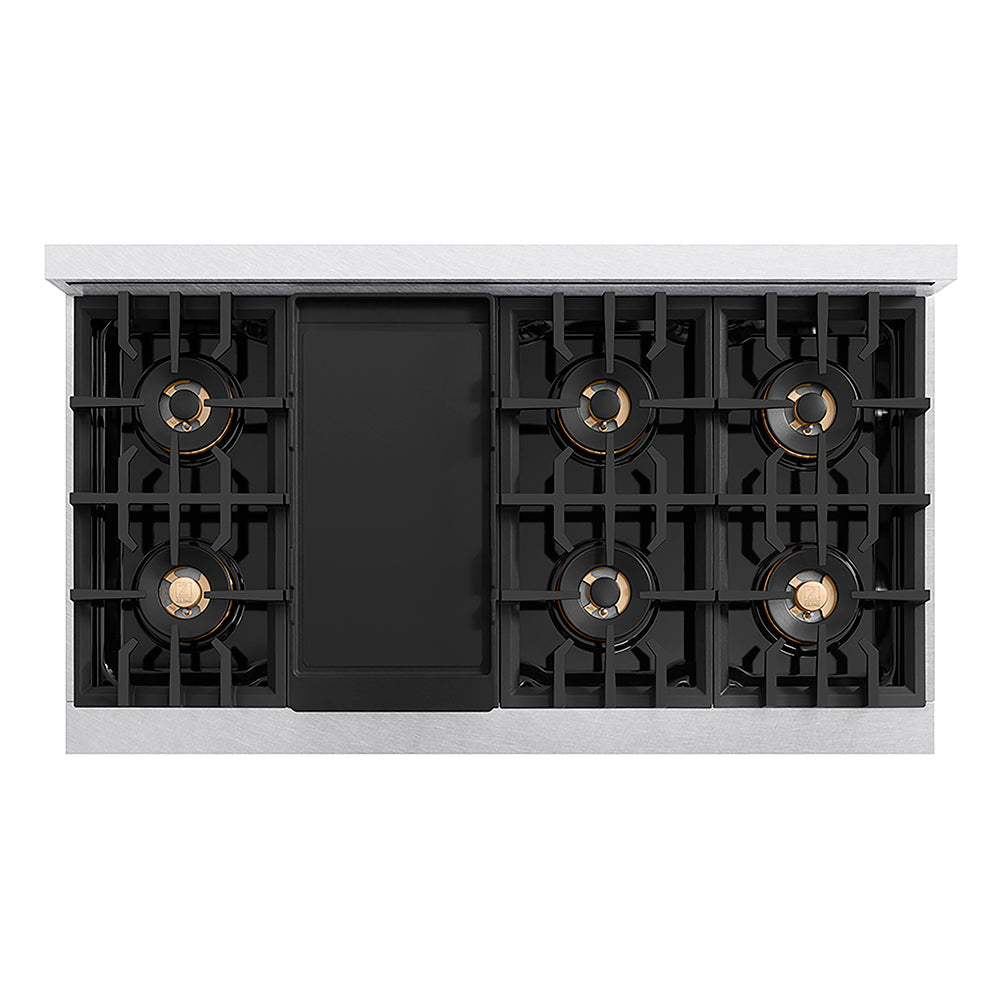 ZLINE Autograph Edition Classic 48-inch rangetop in satin stainless steel and champagne bronze accents PCRTSZ-48-CB, from above