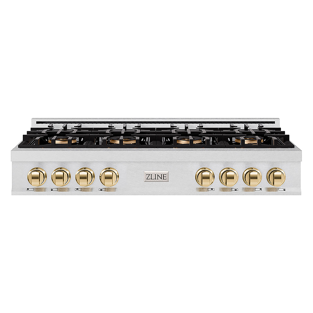 ZLINE Autograph Edition Classic 48-inch rangetop in satin stainless steel and polished gold accents PCRTSZ-48-G, front view