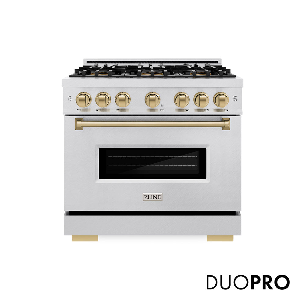 ZLINE Autograph Edition Classic 36-inch range in satin stainless steel and champagne bronze accents PCDRSZ-36-CB