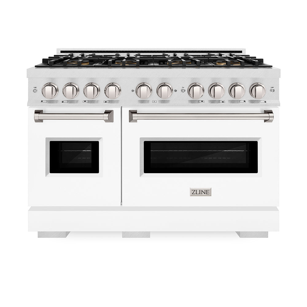 ZLINE Classic 48-inch range in satin stainless steel with white matte door PCGRS-WM-48, front view