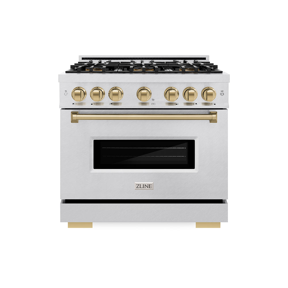 ZLINE Autograph Edition Classic 36-inch range in satin stainless steel and champagne bronze accents PCGRSZ-36-CB, front view