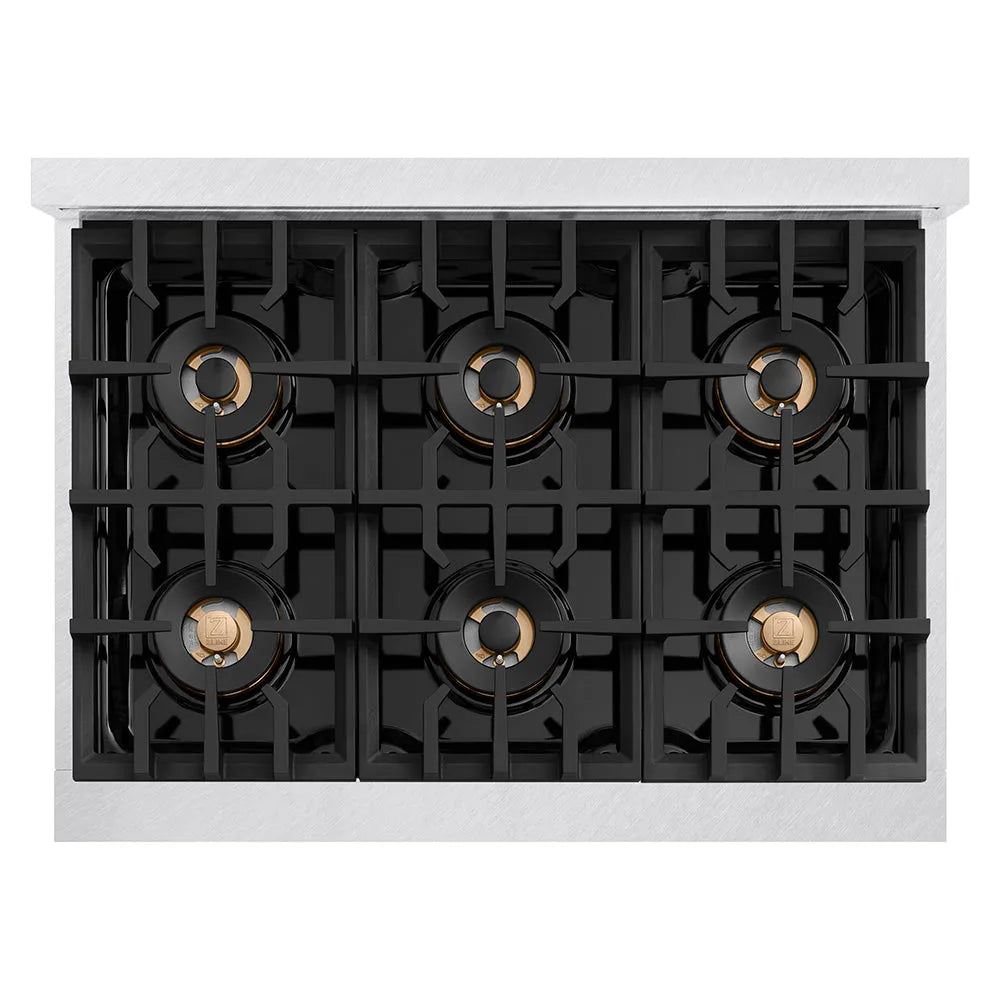 ZLINE Autograph Edition Classic 36-inch range in satin stainless steel and champagne bronze accents PCGRSZ-36-CB, from above