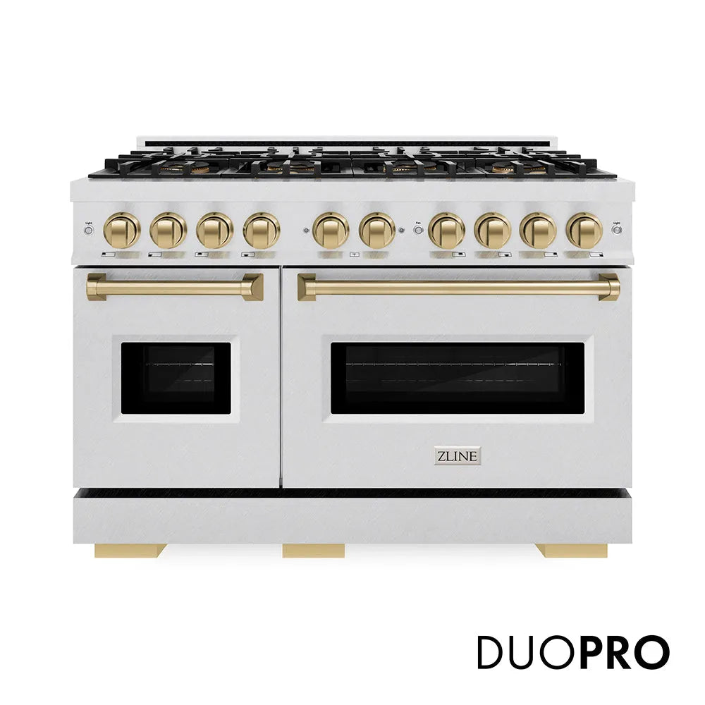 ZLINE Autograph Edition Classic 48-inch range in satin stainless steel and champagne bronze accents PCGRSZ-48-CB
