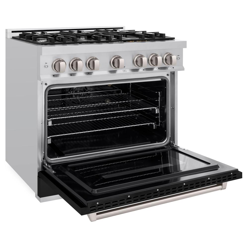 ZLINE Classic 36-inch range in stainless steel with black matte door CGR-BLM-36, door open