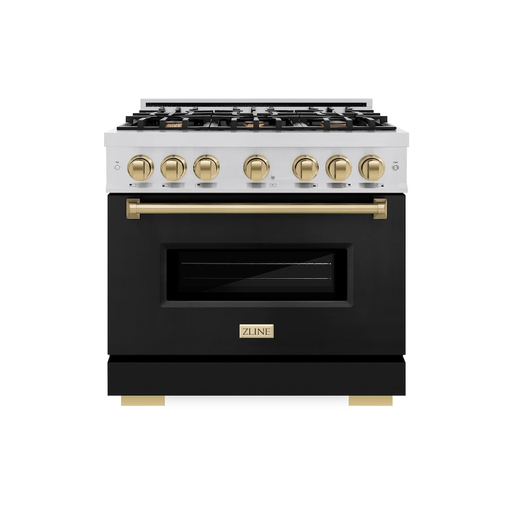 ZLINE Autograph Edition Classic 36-inch range in stainless steel with black matte door and champagne bronze accents CDRZ-BLM-36-CB, front view