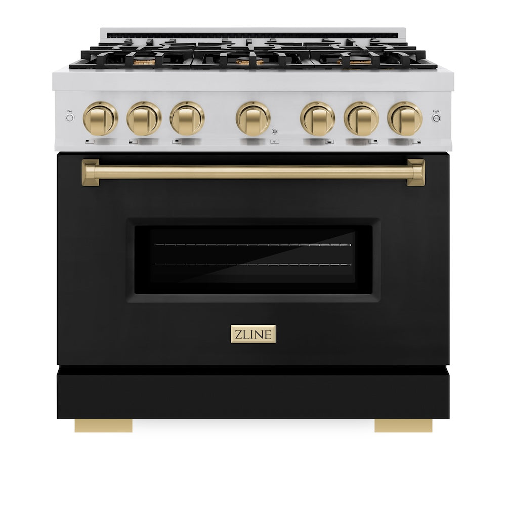 ZLINE Autograph Edition Classic 36-inch range in stainless steel with black matte door and champagne bronze accents CDRZ-BLM-36-CB, front view