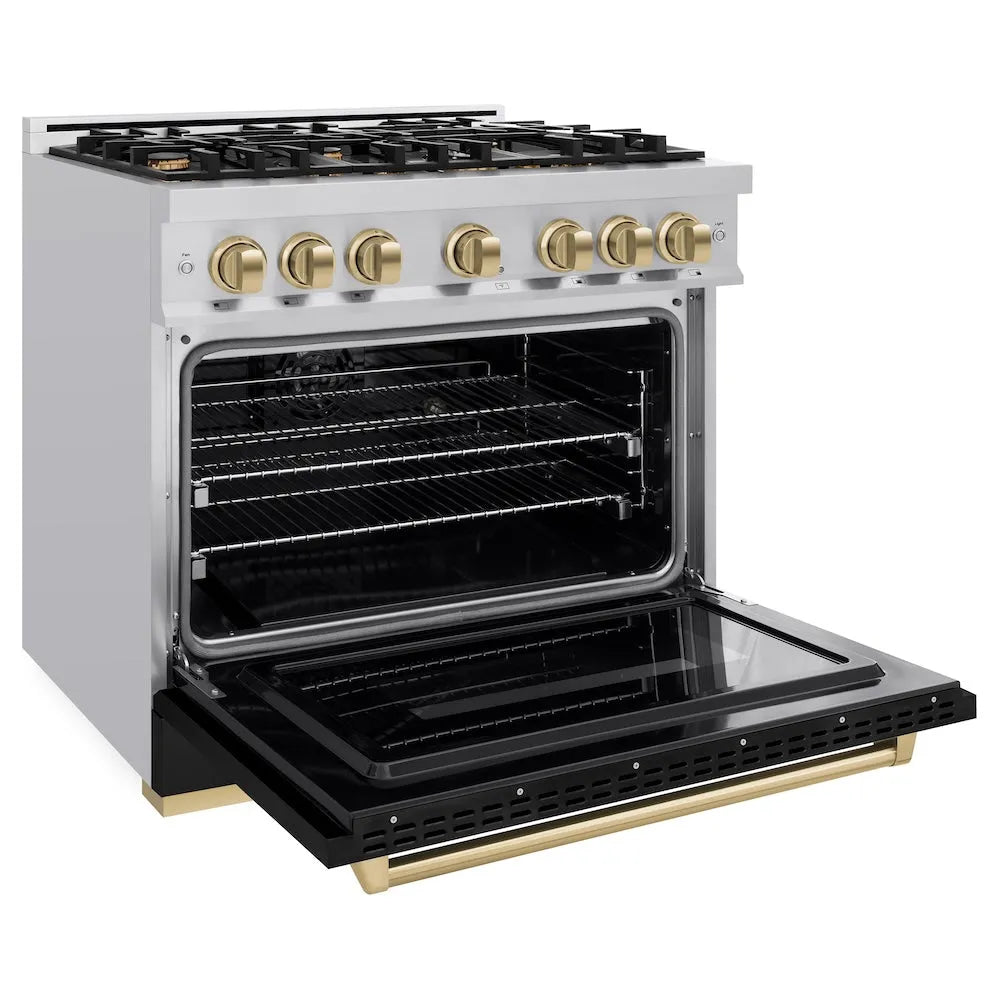 ZLINE Autograph Edition Classic 36-inch range in stainless steel with black matte door and champagne bronze accents CDRZ-BLM-36-CB, door open