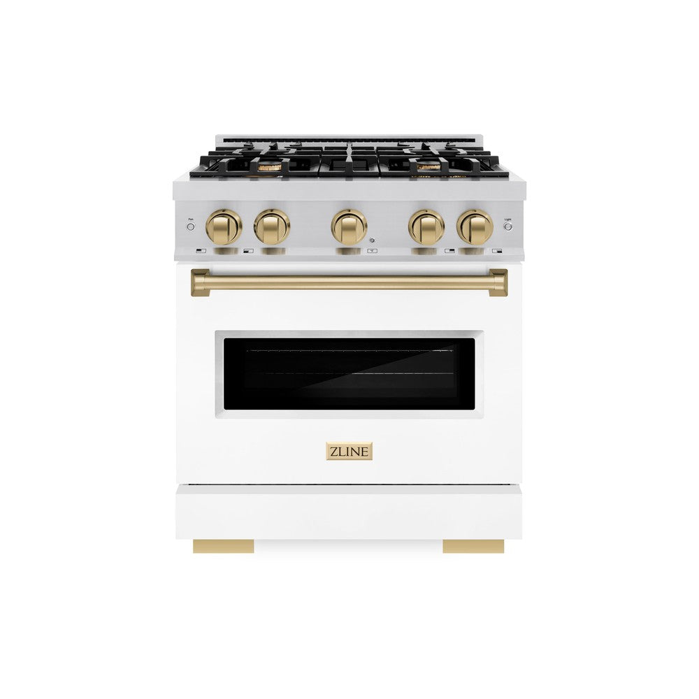 ZLINE Autograph Edition Classic 30-inch range in stainless steel with white matte door and champagne bronze accents CDRZ-WM-30-CB, front view