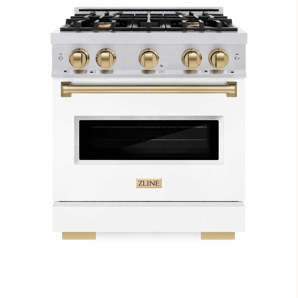ZLINE Autograph Edition Classic 30-inch range in stainless steel with white matte door and champagne bronze accents CDRZ-WM-30-CB, front view