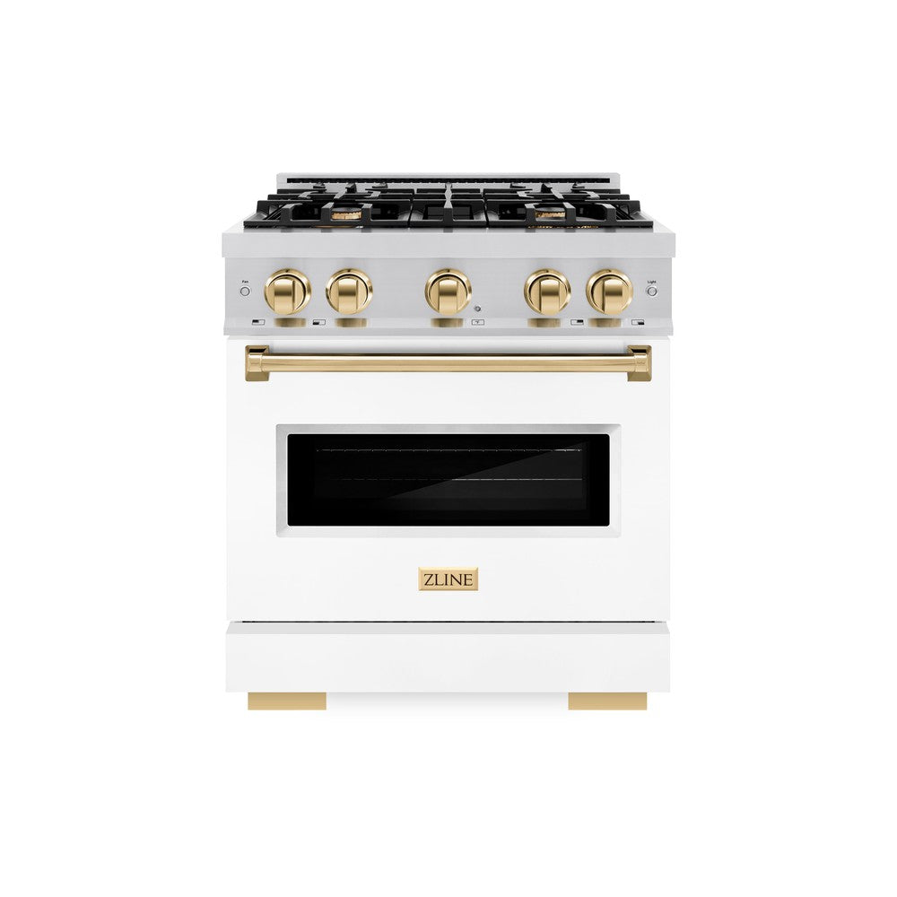 ZLINE Autograph Edition Classic 30-inch range in stainless steel with white matte door and polished gold accents CDRZ-WM-30-G, front view