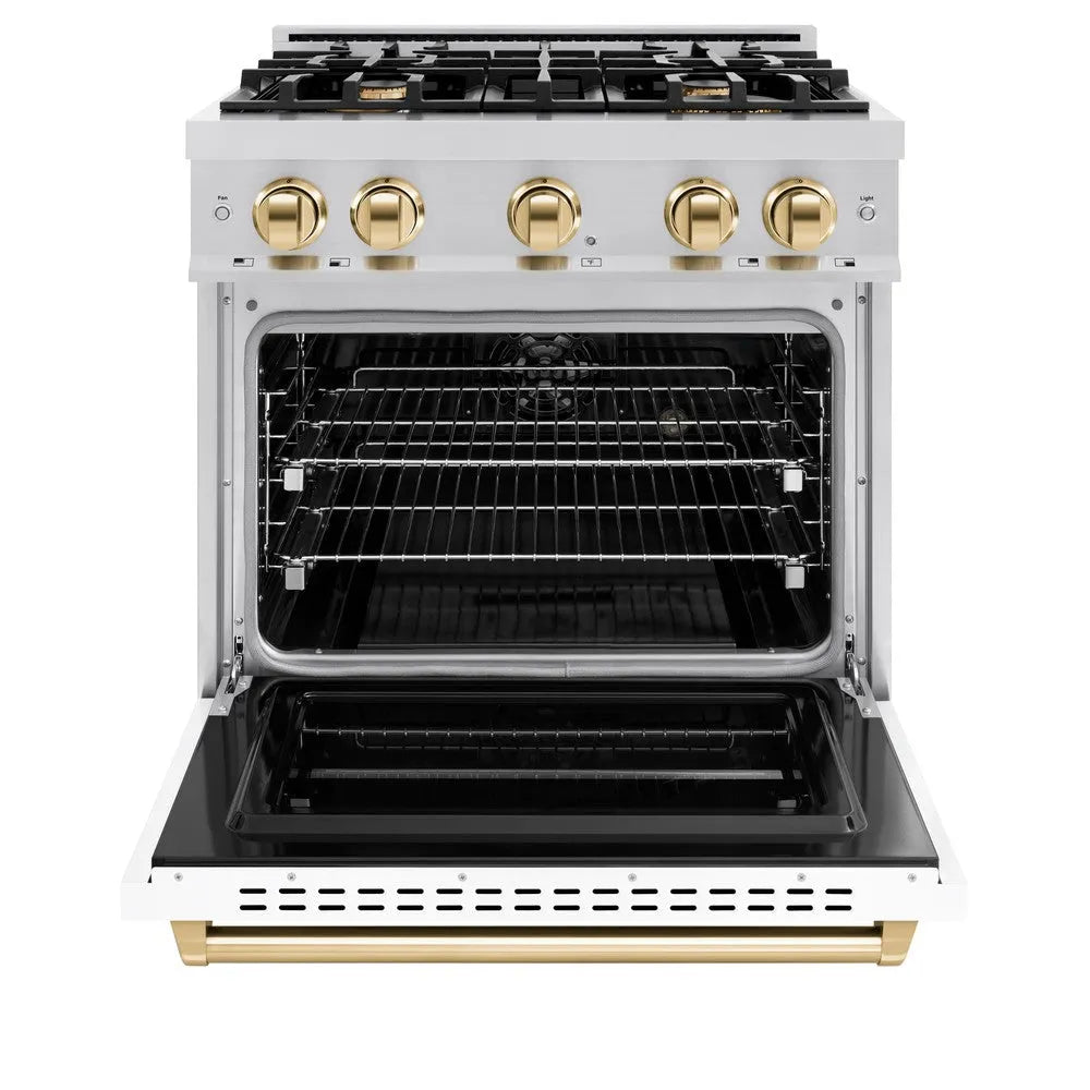 ZLINE Autograph Edition Classic 30-inch range in stainless steel with white matte door and polished gold accents CDRZ-WM-30-G, front view