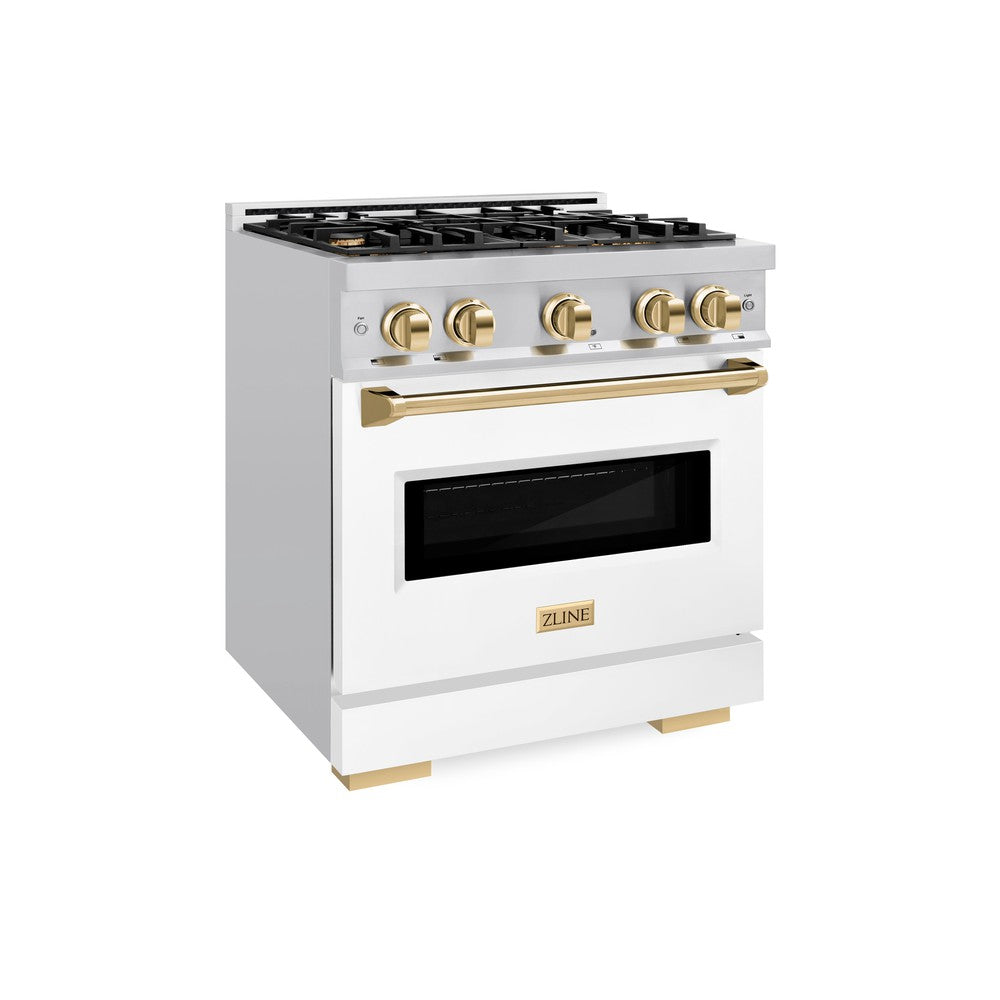 ZLINE Autograph Edition Classic 30-inch range in stainless steel with white matte door and polished gold accents CDRZ-WM-30-G