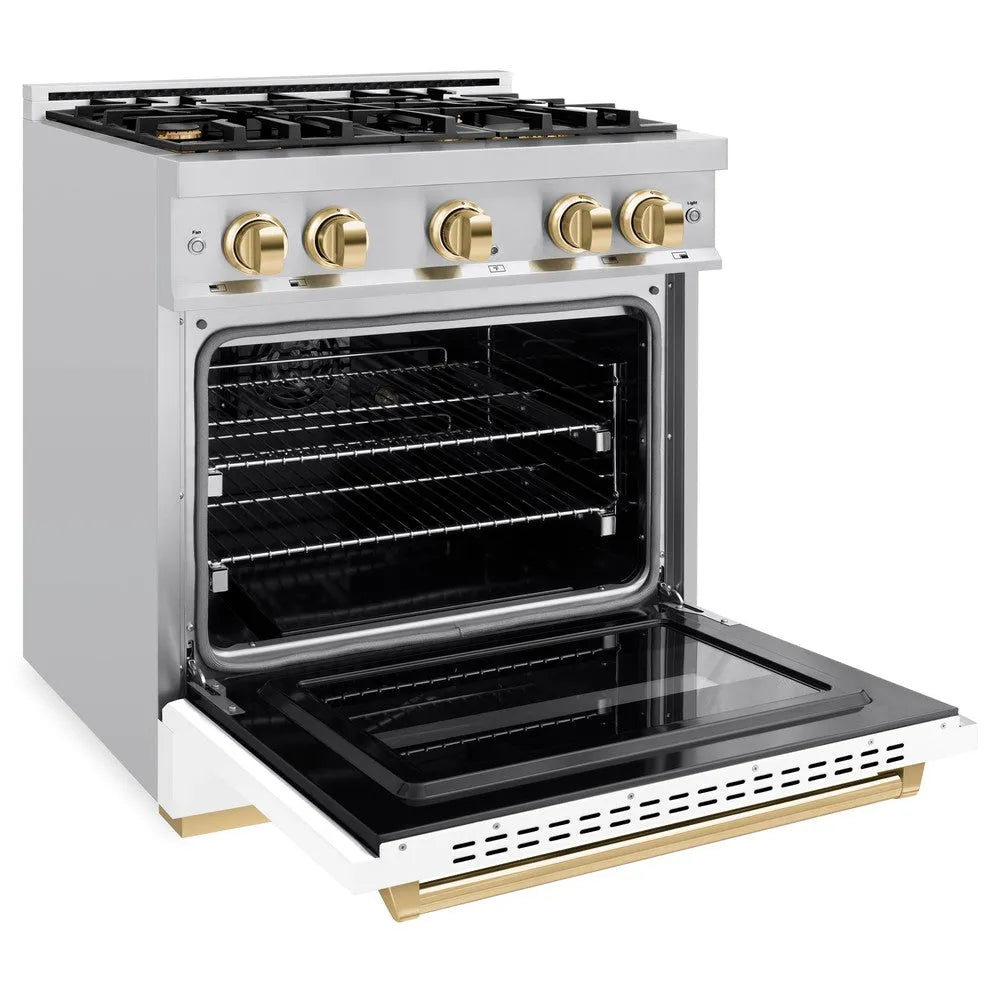 ZLINE Autograph Edition Classic 30-inch range in stainless steel with white matte door and polished gold accents CDRZ-WM-30-G, door open