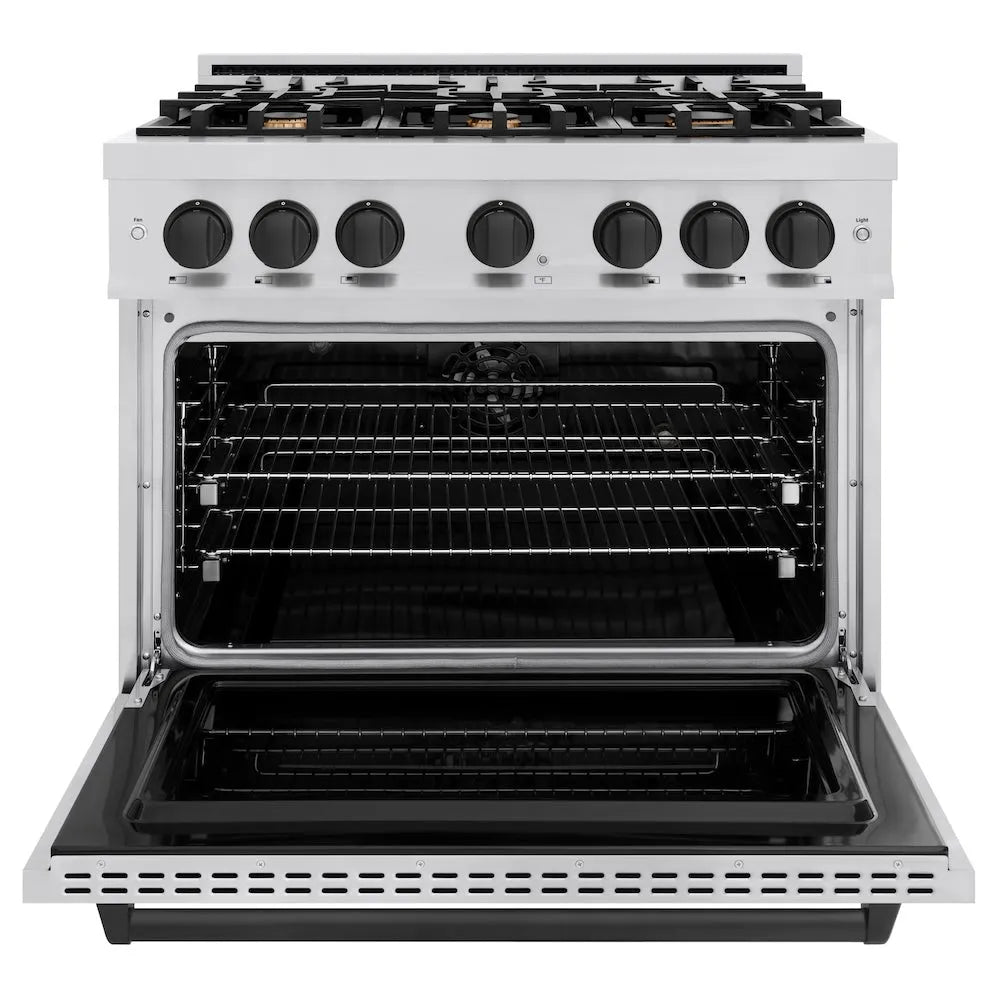 ZLINE Autograph Edition Classic 36-inch range in stainless steel and matte black accents CDRZ-36-MB, front view