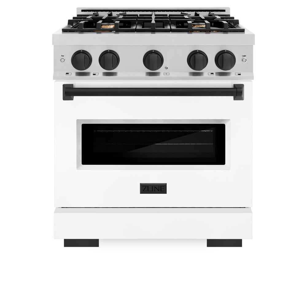 ZLINE Autograph Edition Classic 30-inch range in stainless steel with white matte door and matte black accents CDRZ-WM-30-MB, front view