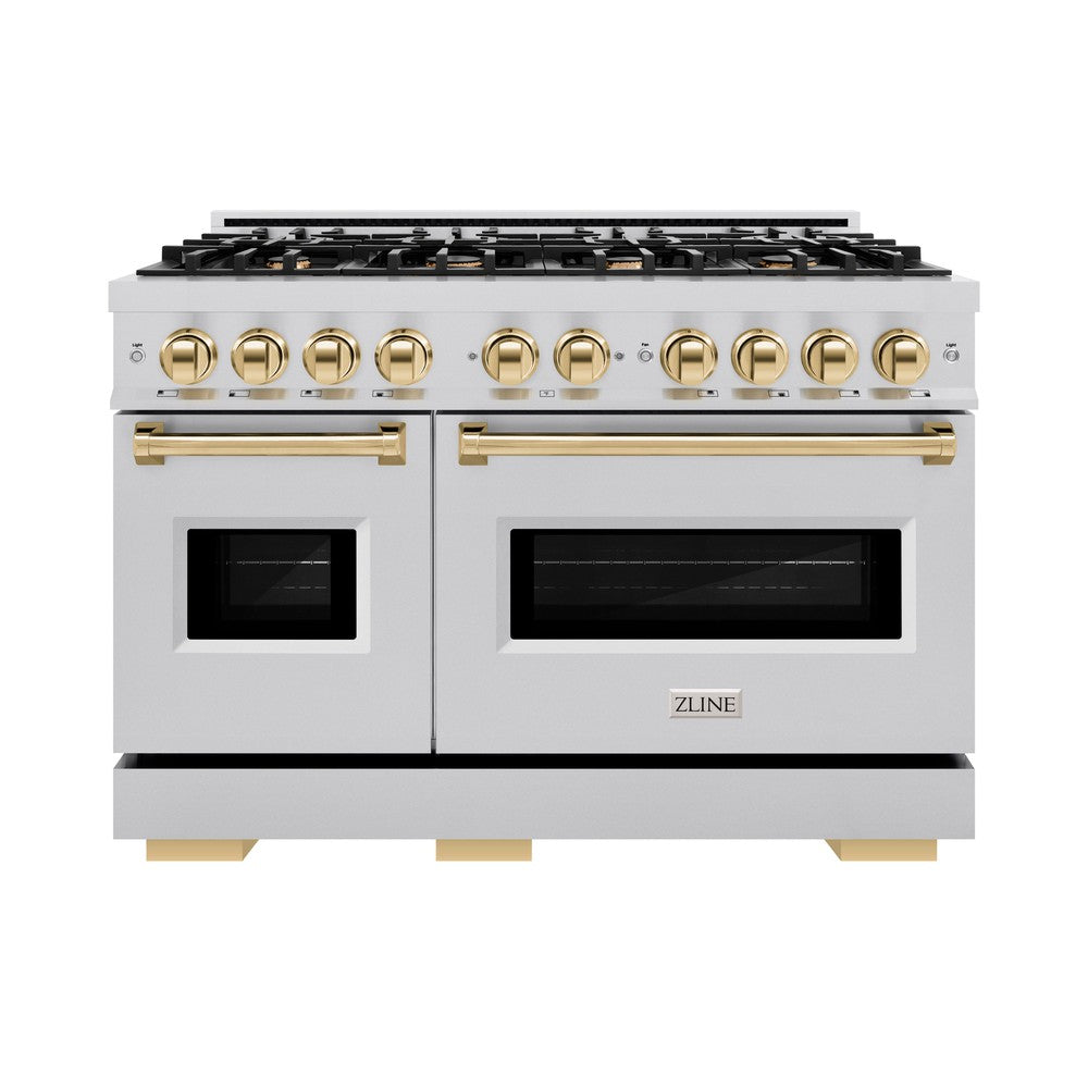 ZLINE Autograph Edition Classic 48-inch range in stainless steel and polished gold accents CDRZ-48-G, front view