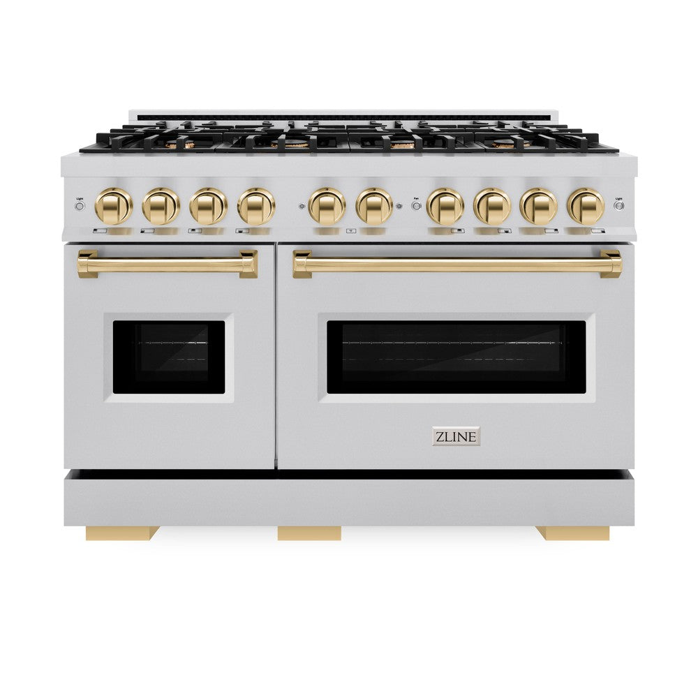 ZLINE Autograph Edition Classic 48-inch range in stainless steel and polished gold accents CDRZ-48-G, front view