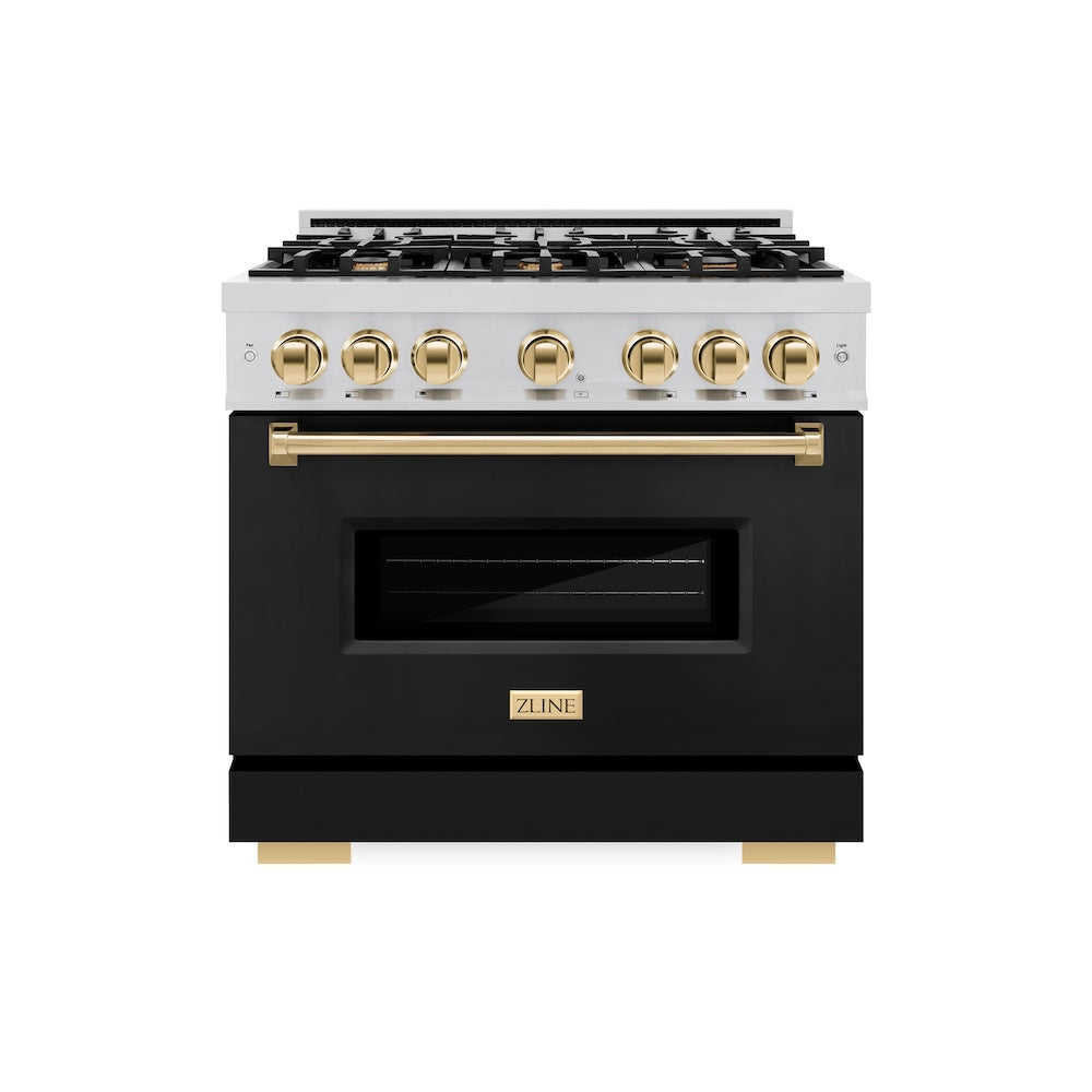 ZLINE Autograph Edition Classic 36-inch range in stainless steel with black matte door and polished gold accents CDRZ-BLM-36-G, front view