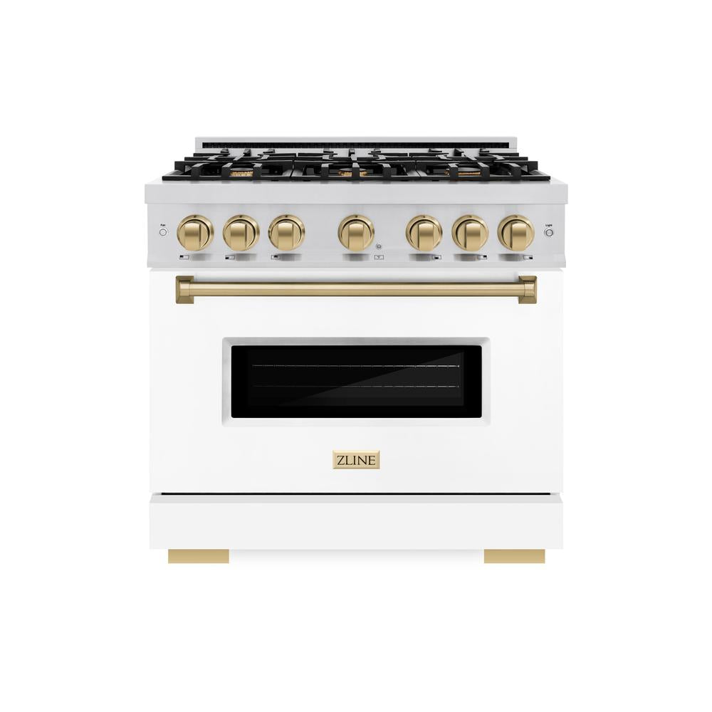 ZLINE Autograph Edition Classic 36-inch range in stainless steel with white matte door and champagne bronze accents CGRZ-WM-36-CB, front view