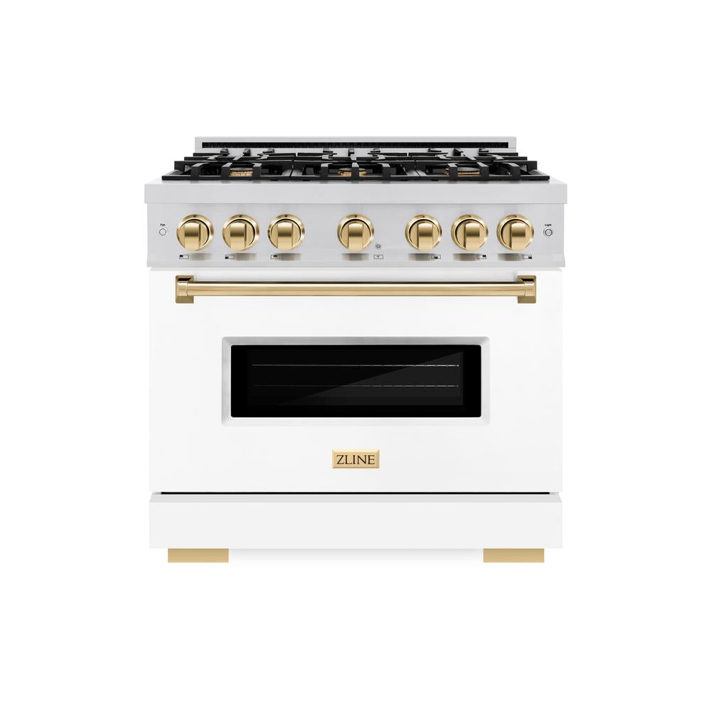 ZLINE Autograph Edition Classic 36-inch range in stainless steel with white matte door and polished gold accents CGRZ-WM-36-G, front view