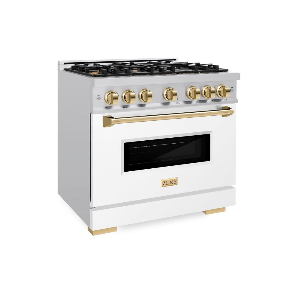 ZLINE Autograph Edition Classic 36-inch range in stainless steel with white matte door and polished gold accents CGRZ-WM-36-G