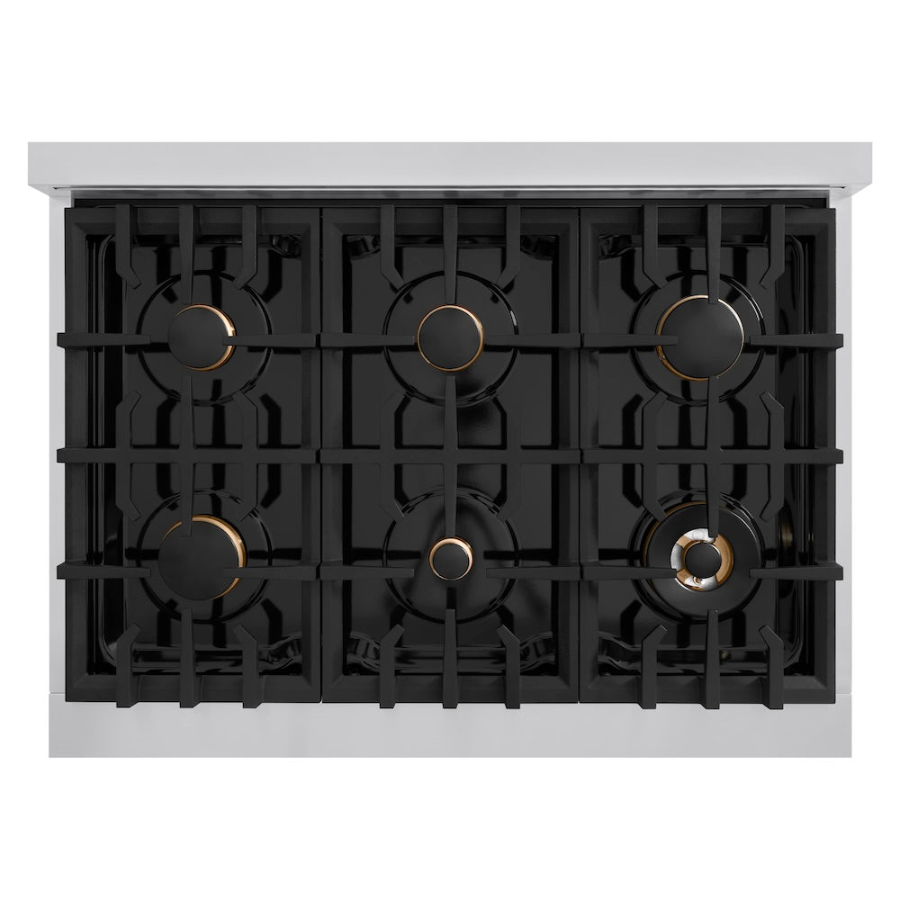 ZLINE Autograph Edition Classic 36-inch range in stainless steel with black matte door and champagne bronze accents CGRZ-BLM-36-CB, from above