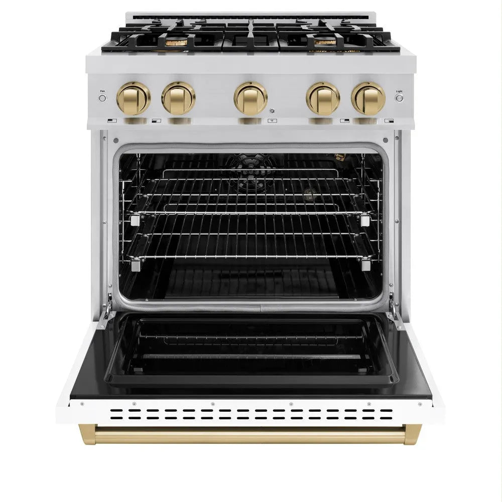 ZLINE Autograph Edition Classic 30-inch range in stainless steel with white matte door and champagne bronze accents CGRZ-WM-30-CB, front view
