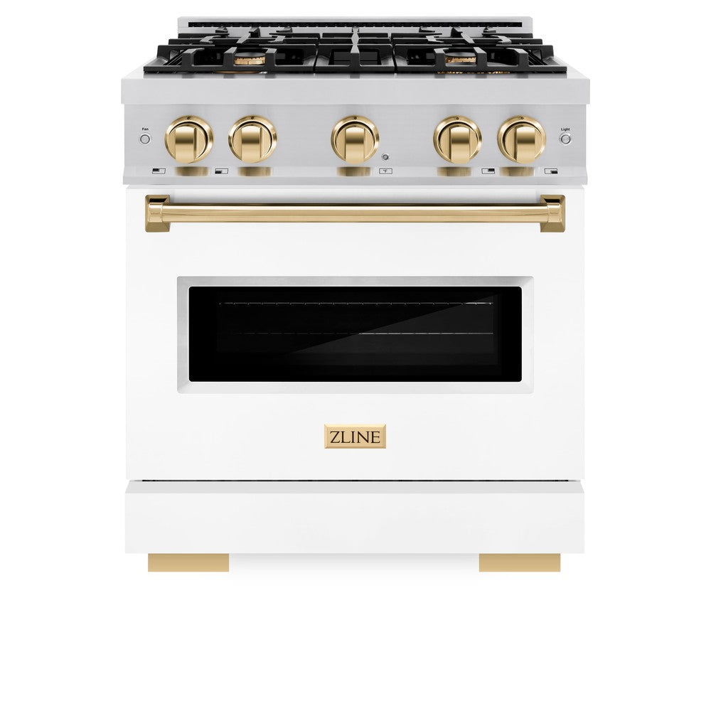 ZLINE Autograph Edition Classic 30-inch range in stainless steel with white matte door and polished gold accents CGRZ-WM-30-G, front view
