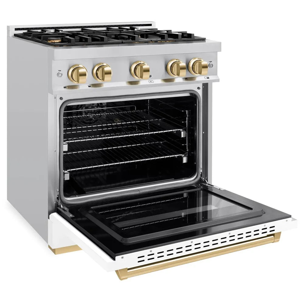 ZLINE Autograph Edition Classic 30-inch range in stainless steel with white matte door and polished gold accents CGRZ-WM-30-G, door open