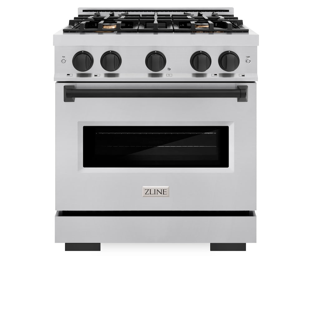 ZLINE Autograph Edition Classic 30-inch range in stainless steel and matte black accents CGRZ-30-MB, front view