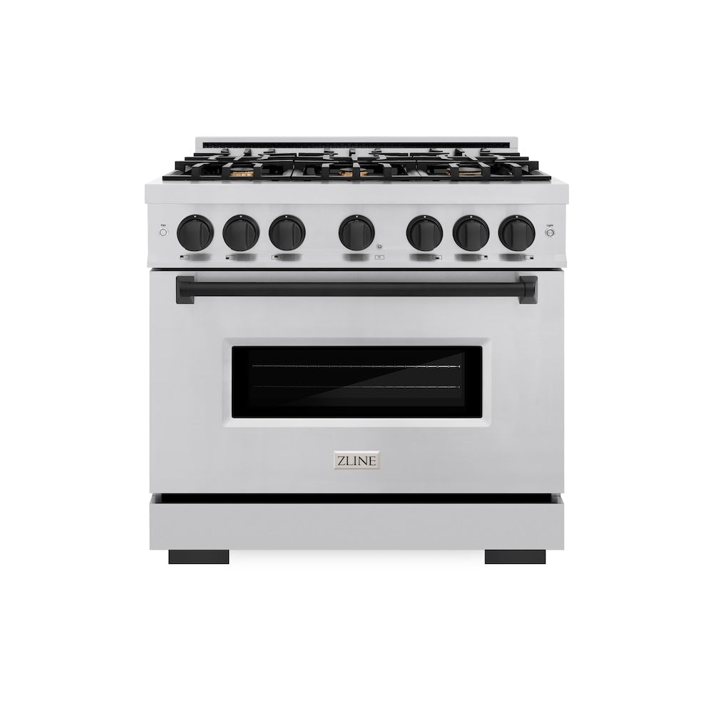ZLINE Autograph Edition Classic 36-inch range in stainless steel and matte black accents CGRZ-36-MB, front view
