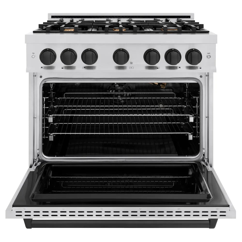 ZLINE Autograph Edition Classic 36-inch range in stainless steel and matte black accents CGRZ-36-MB, front view