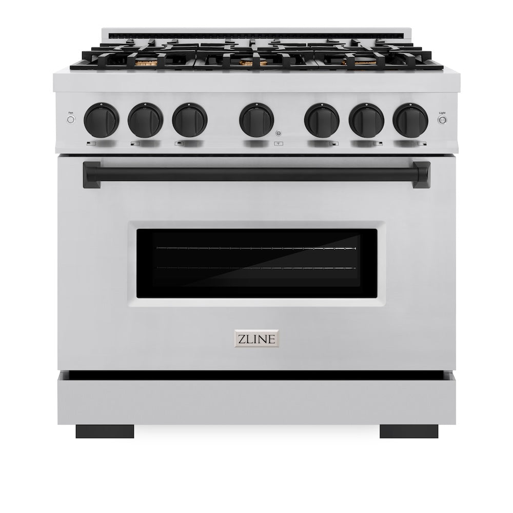 ZLINE Autograph Edition Classic 36-inch range in stainless steel and matte black accents CGRZ-36-MB, front view