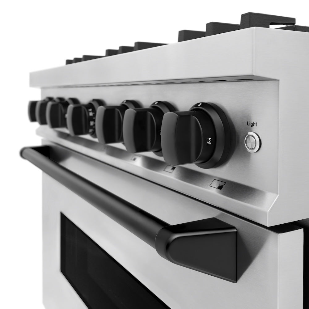 ZLINE Autograph Edition Classic 36-inch range in stainless steel and matte black accents CGRZ-36-MB, detail
