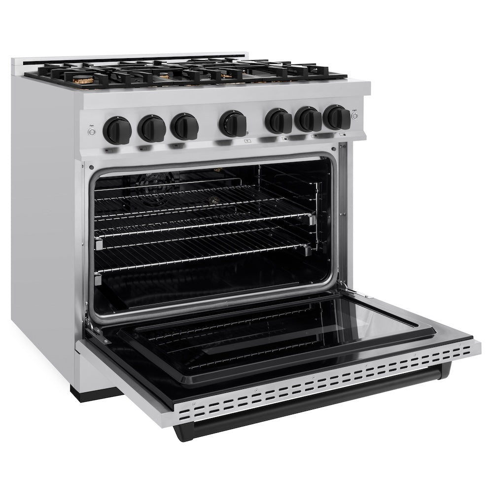 ZLINE Autograph Edition Classic 36-inch range in stainless steel and matte black accents CGRZ-36-MB, door open