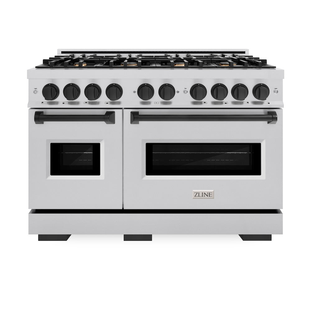ZLINE Autograph Edition Classic 48-inch range in stainless steel and matte black accents CGRZ-48-MB, front view