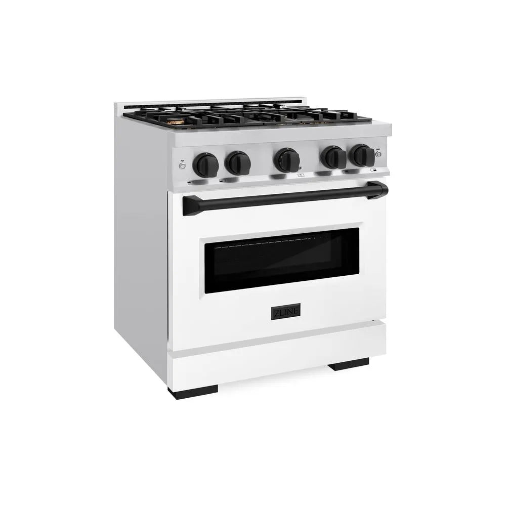 ZLINE Autograph Edition Classic 30-inch range in stainless steel with white matte door and matte black accents CGRZ-WM-30-MB