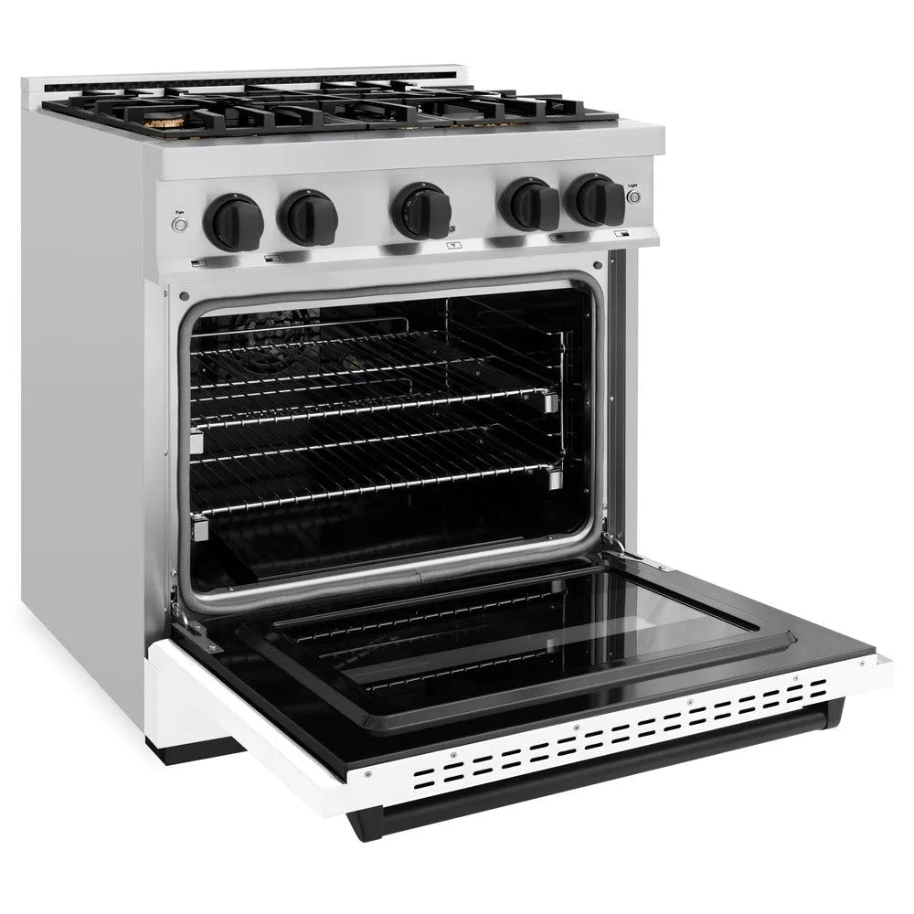 ZLINE Autograph Edition Classic 30-inch range in stainless steel with white matte door and matte black accents CGRZ-WM-30-MB, door open