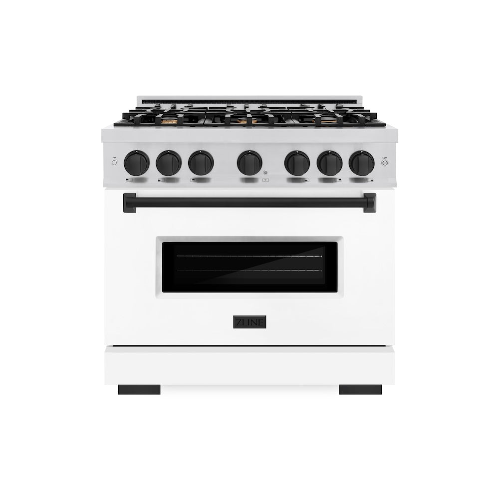 ZLINE Autograph Edition Classic 36-inch range in stainless steel with white matte door and matte black accents CGRZ-WM-36-MB, front view
