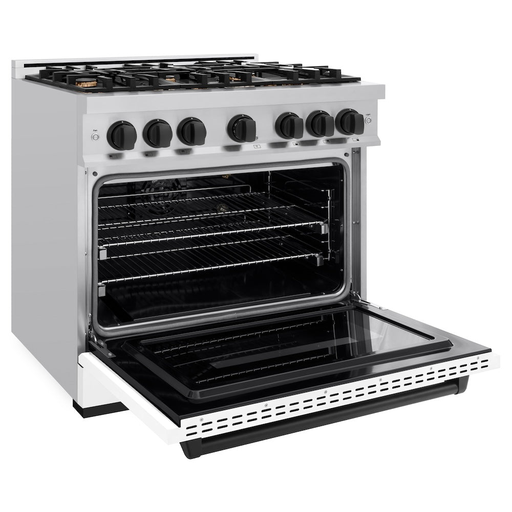 ZLINE Autograph Edition Classic 36-inch range in stainless steel with white matte door and matte black accents CGRZ-WM-36-MB, door open