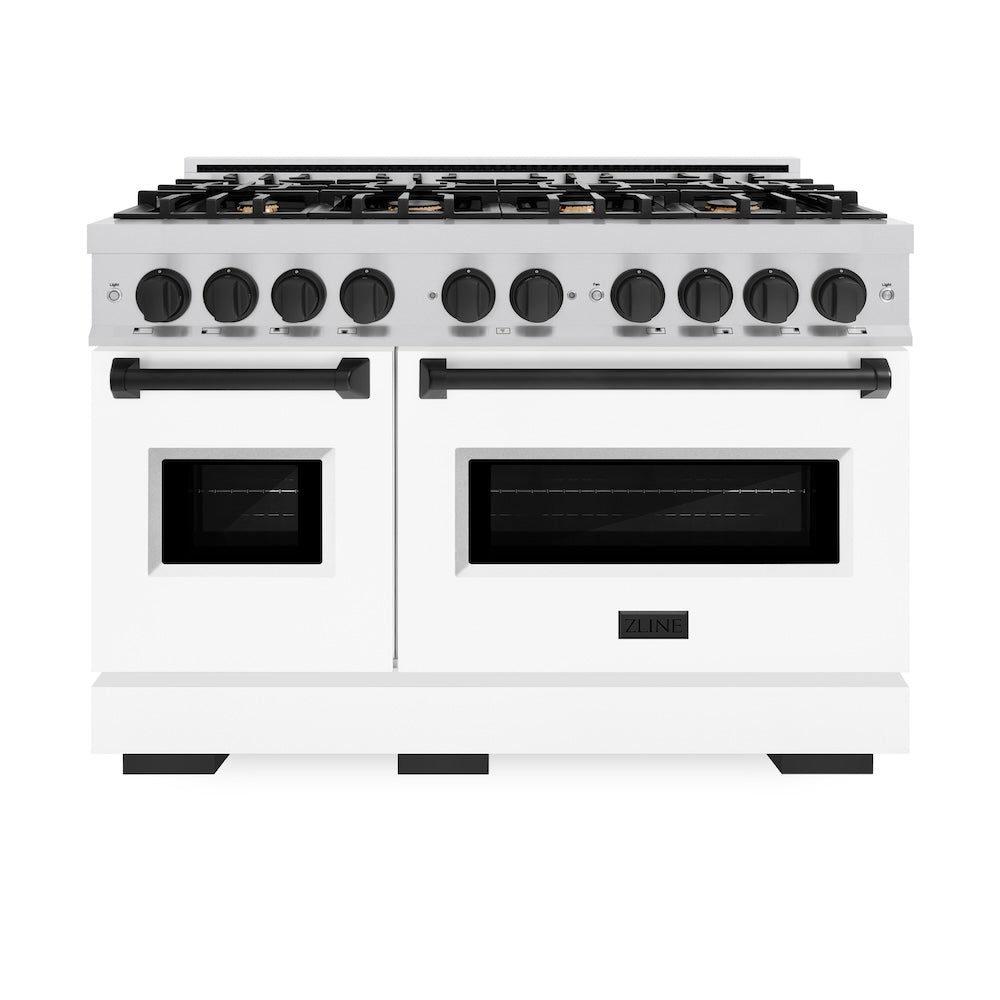 ZLINE Autograph Edition Classic 48-inch range in stainless steel with white matte door and matte black accents CGRZ-WM-48-MB, front view