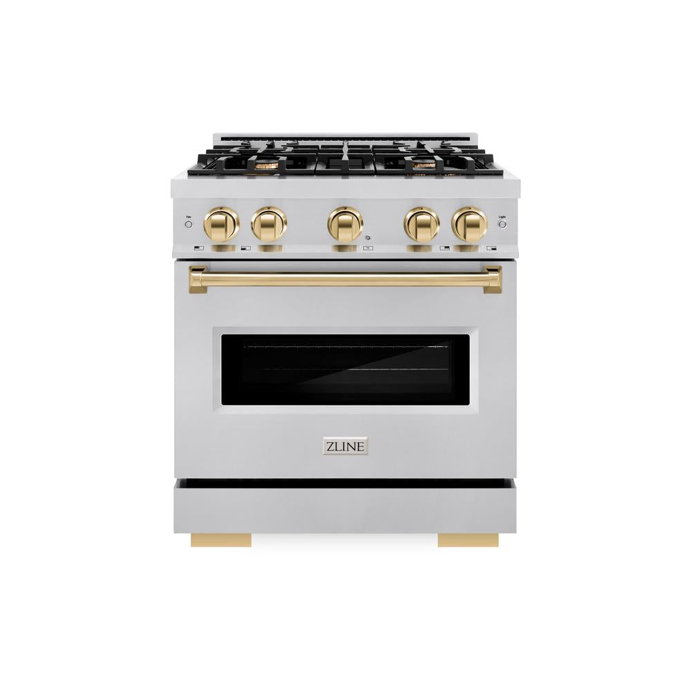 ZLINE Autograph Edition Classic 30-inch range in stainless steel and polished gold accents CGRZ-30-G, front view