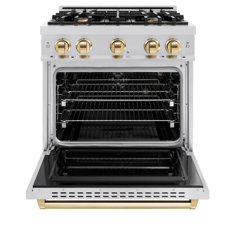 ZLINE Autograph Edition Classic 30-inch range in stainless steel and polished gold accents CGRZ-30-G, front view
