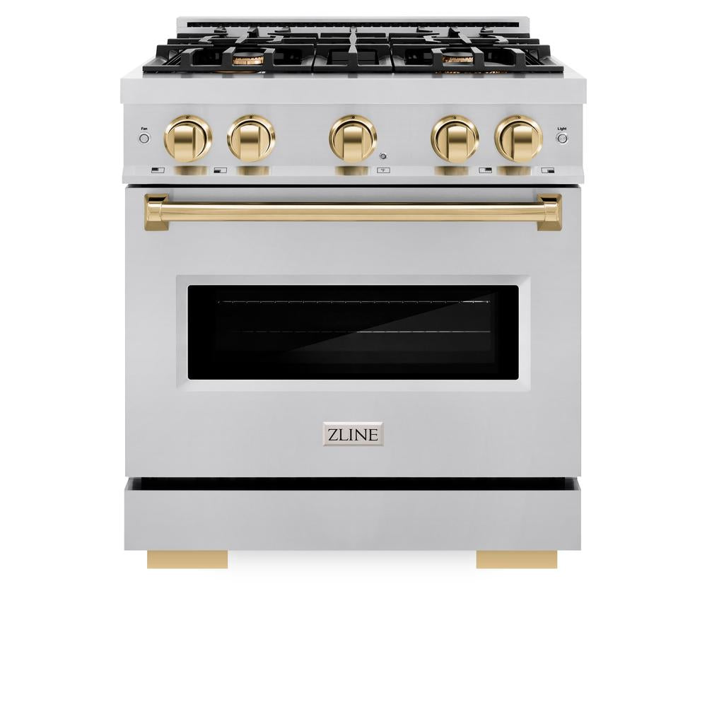 ZLINE Autograph Edition Classic 30-inch range in stainless steel and polished gold accents CGRZ-30-G, front view